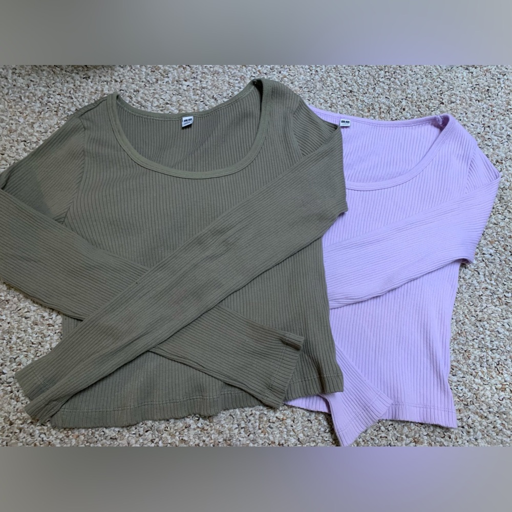 Uniqlo long sleeve ribbed tops olive and lilac (lot of 2) size Small NWOT
